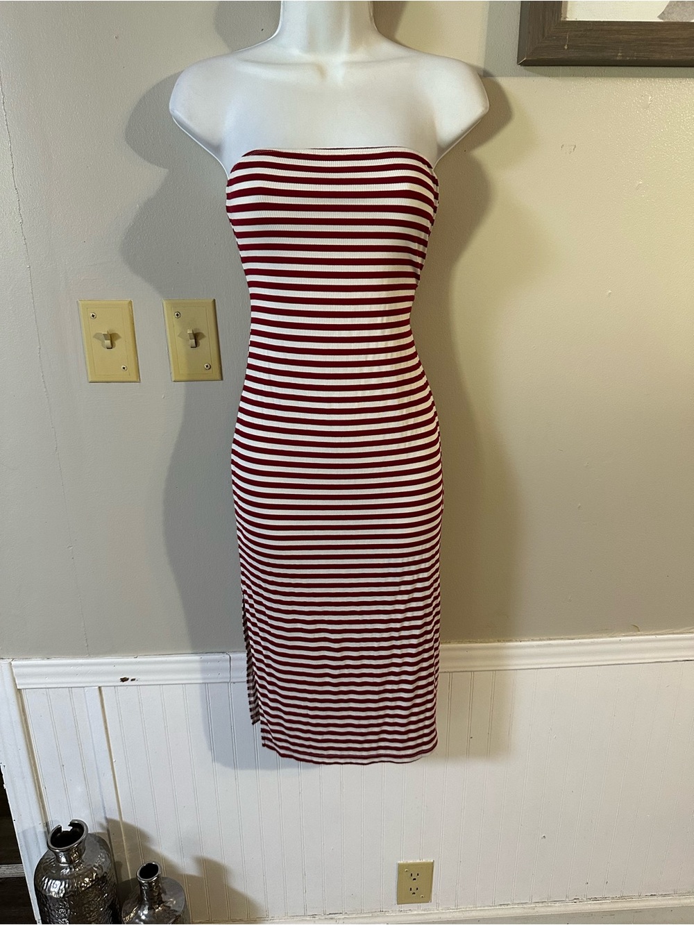 SHEIN Red and White Strapless Midi Bodycon Dress